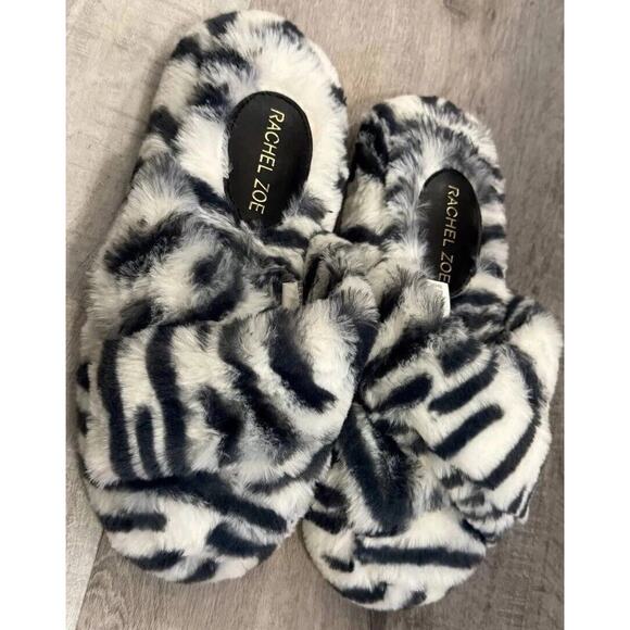 Rachel Zoe Fluffy Slide Slippers Womens 6.5-7.5 Black White Zebra Print Faux Fur - Picture 1 of 7